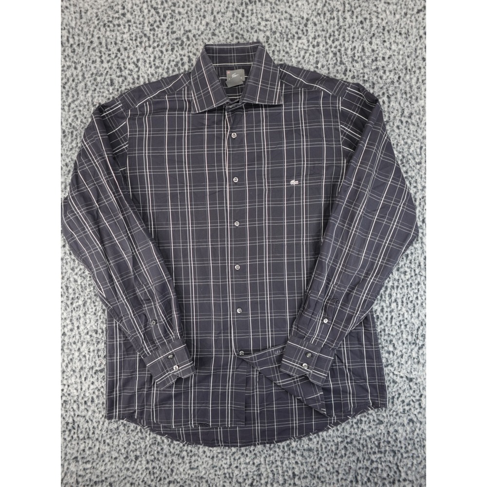 Lacoste Button Up Shirt Mens 42 Black White Plaid Long Sleeve Pocket‎ Cotton